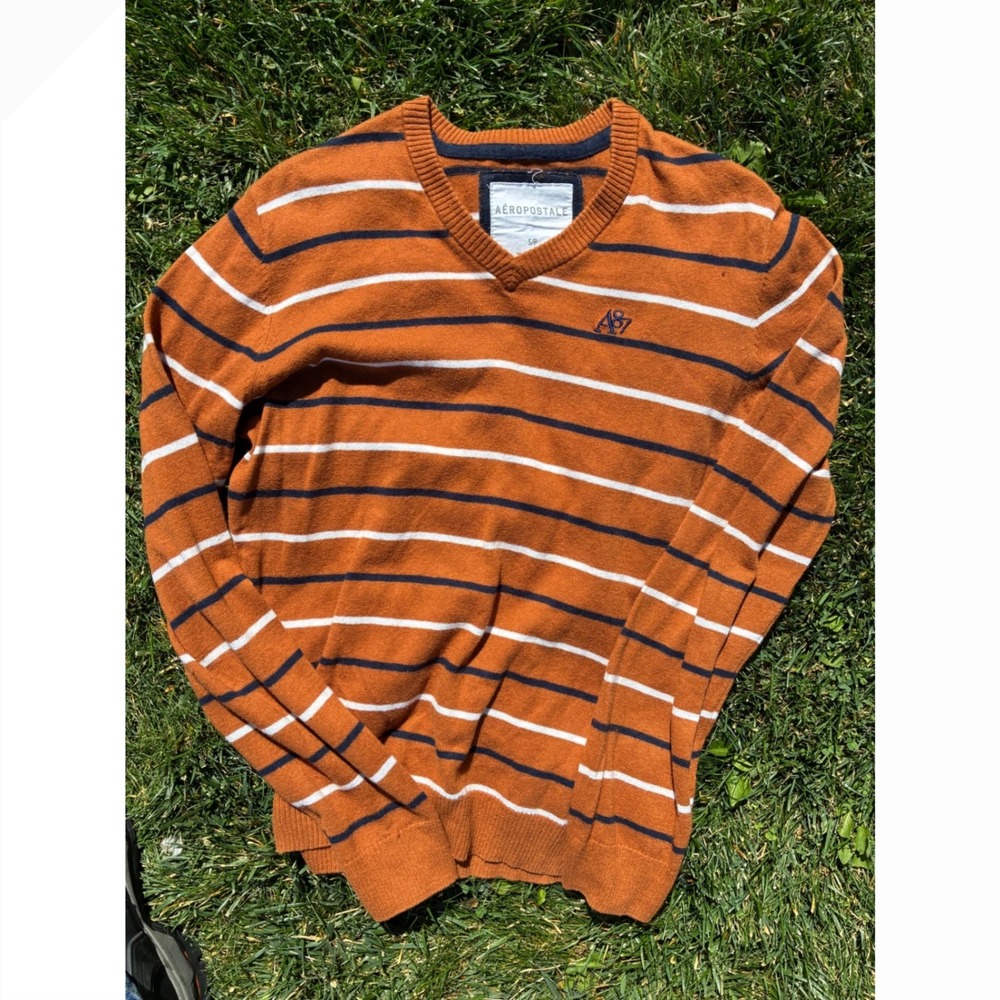 Aeropostale Mens V-Neck Sweater Burnt Orange Striped A87 Logo Size Small